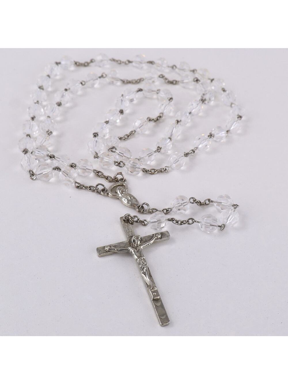 Vintage Crystal Rosary Necklace Clear Faceted Beads INRI Crucifix‎ 22” Catholic